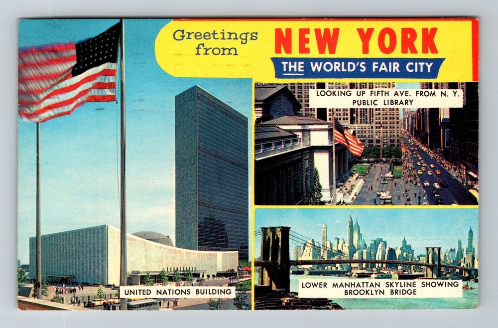 New York City NY,, UN Building Fifth Ave Bridge Views Vintage c1964 Postcard