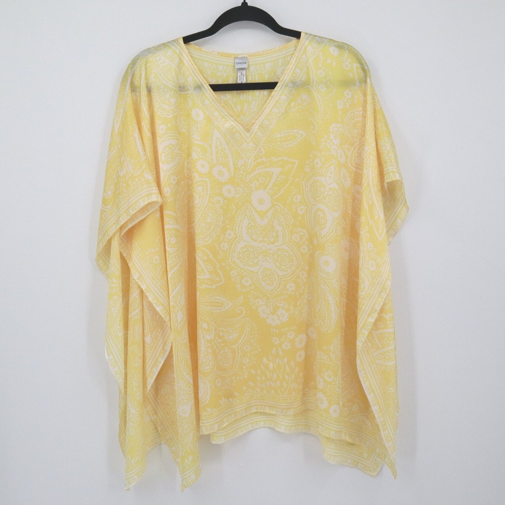 Chico's Paisley Silk Poncho Top Women O/S Butter Yellow Transitional Resort Luxe