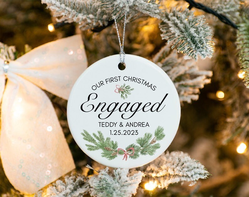 Engaged Christmas Ornament - Custom Engagement Keepsake Burgundy - Personaliz...