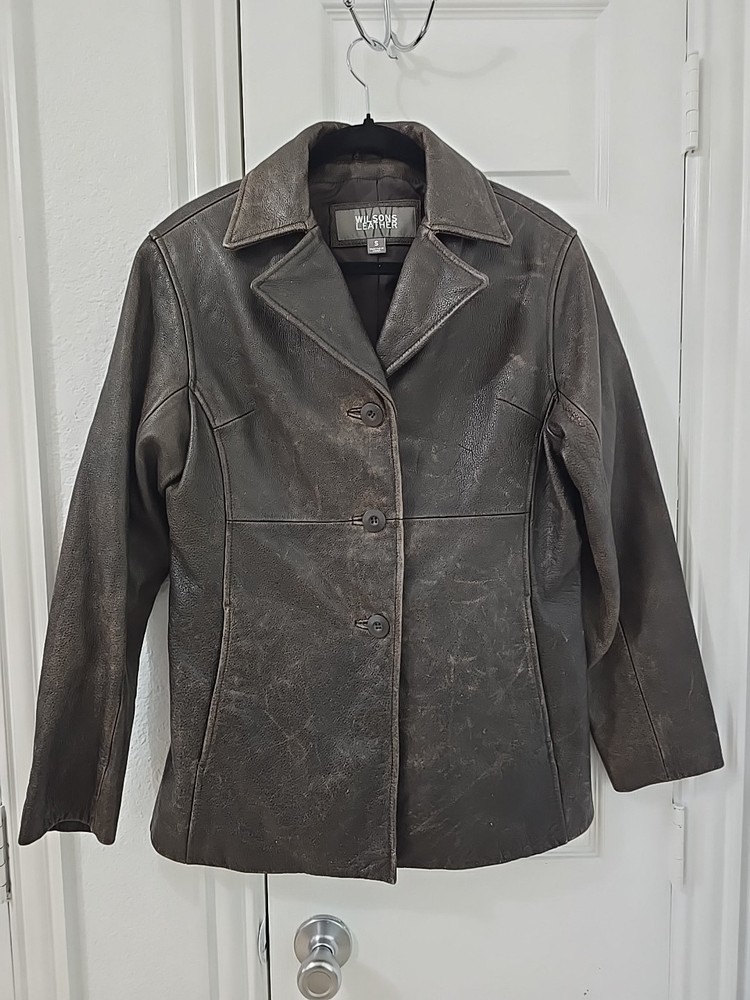 Wilson Leather Womens Distressed Brown Leather Button Up Jacket  Size Small
