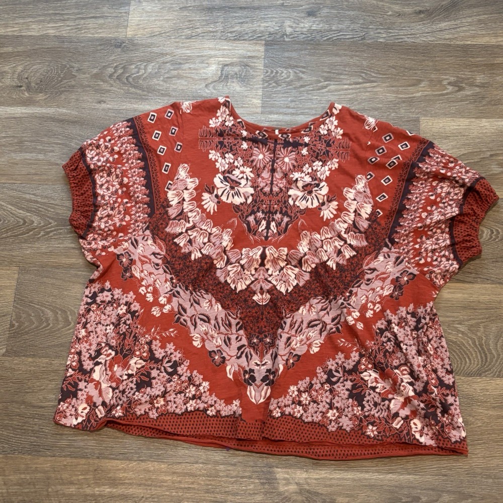 Free People Luly Print Tee – Bella Rosa Red – Size Medium