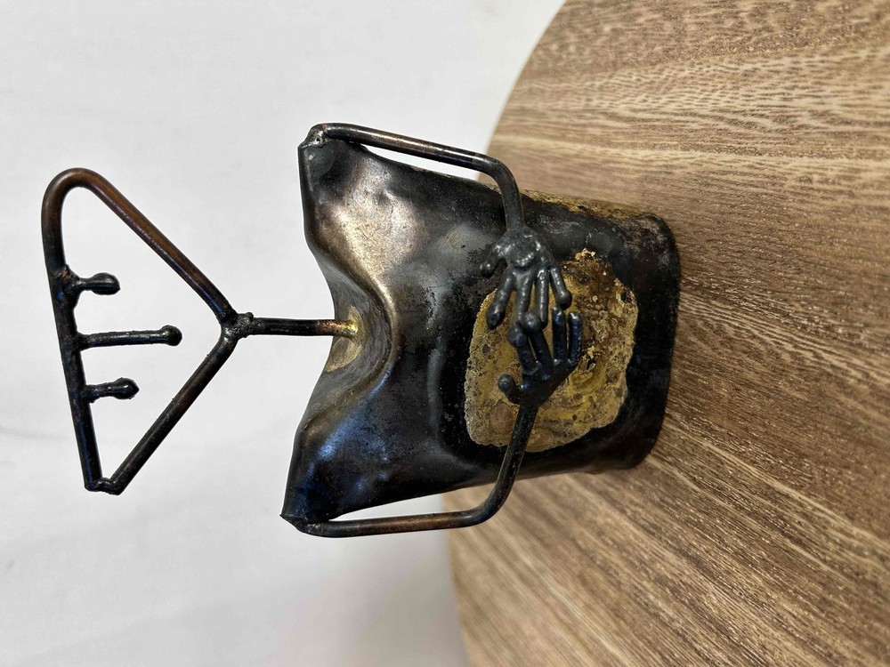 Vintage Brass Abstract Hanger Cowbell With Hands Sculpture Metallic Art Piece-image