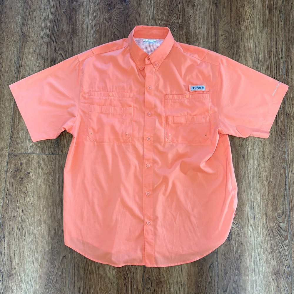 Columbia PFG coral orange Short Sleeve Fishing Shirt Omni-Shade Mens M Utility
