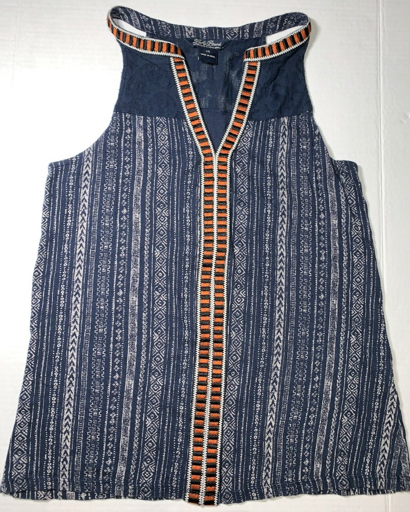Lucky Brand Navy Blue Sleeveless Embroidered Aztec Striped Tank Top Women's XS