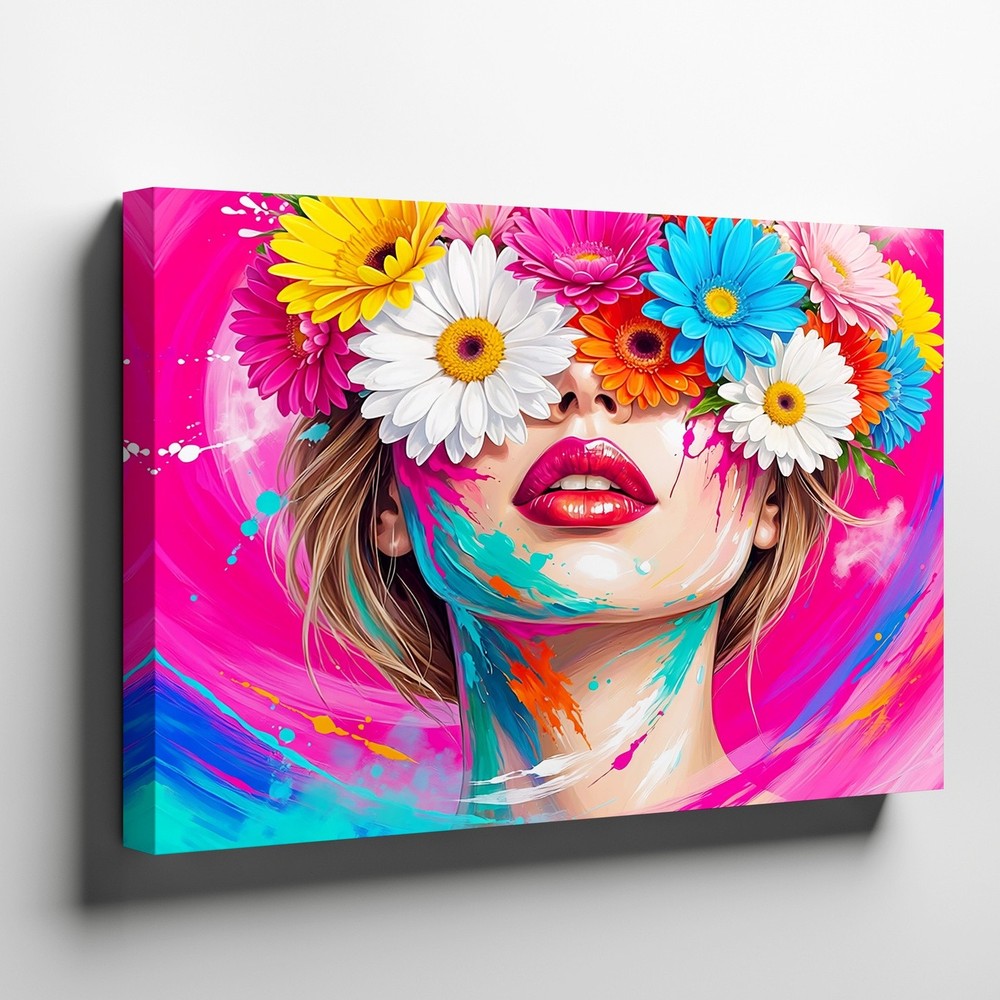 Colorful Abstract Woman with Flowers Face Modern Canvas Wall Art Print Decor-image