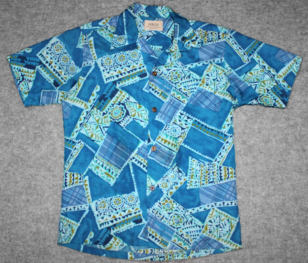 vintage HIS ROYAL HIGHNESS 60s HAWAIIAN Poly Mid-Century Tiki Blue sz M Shirt