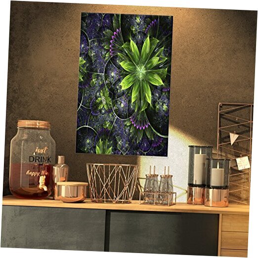 Glossy Green Purple Fractal Flowers Large Floral Wall Art Design PT10289-16-32