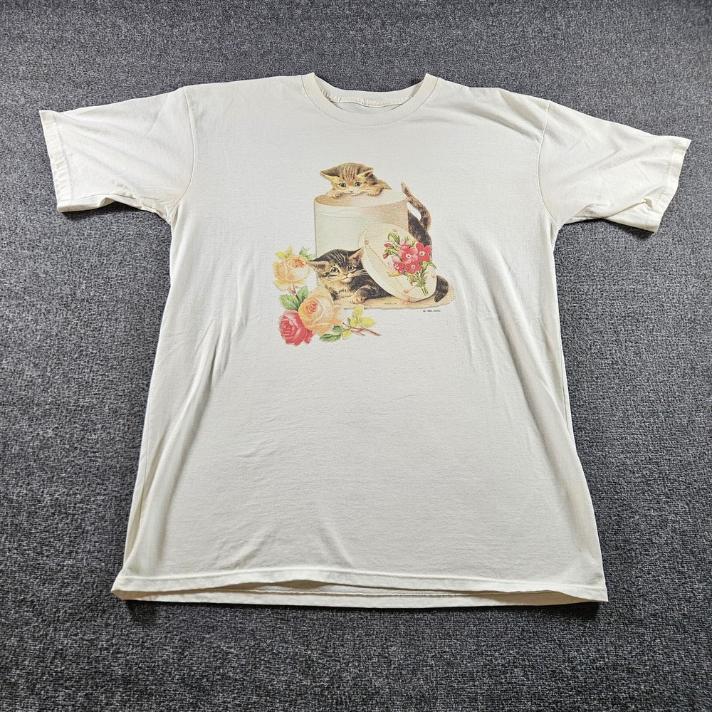 Vintage Kittens Floral Shirt Mens XL White Cat Graphic Tee Roses 1994 90s