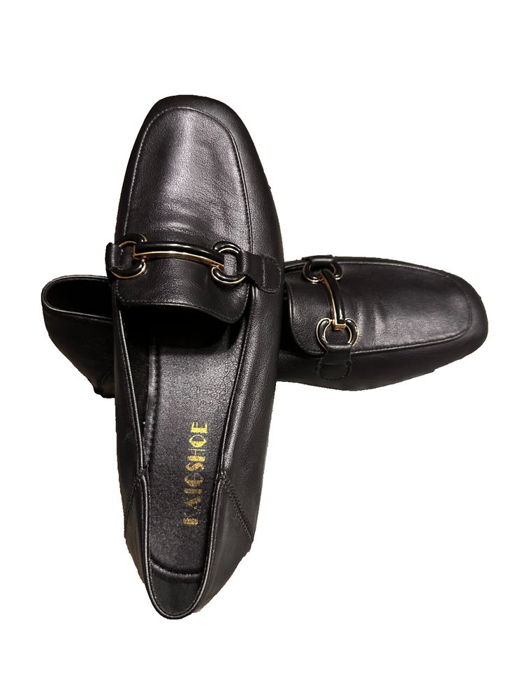 Women's Black Leather Horsebit Loafers - Gold Buckle Slip-On Flats - Size 9