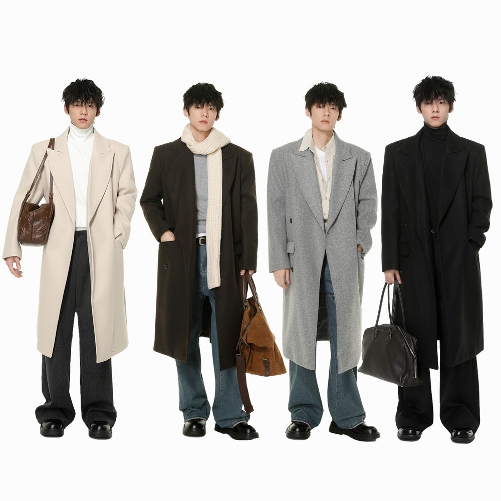 Korean Mens Single Breasted Trench Coat Wool Warm Knee Length Windbreaker Jacket