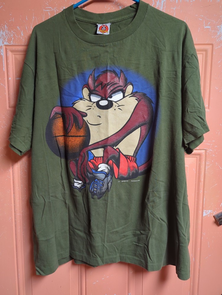 Vintage 1995 Taz Looney Tunes Green T-shirt Basketball Cartoon Size XL
