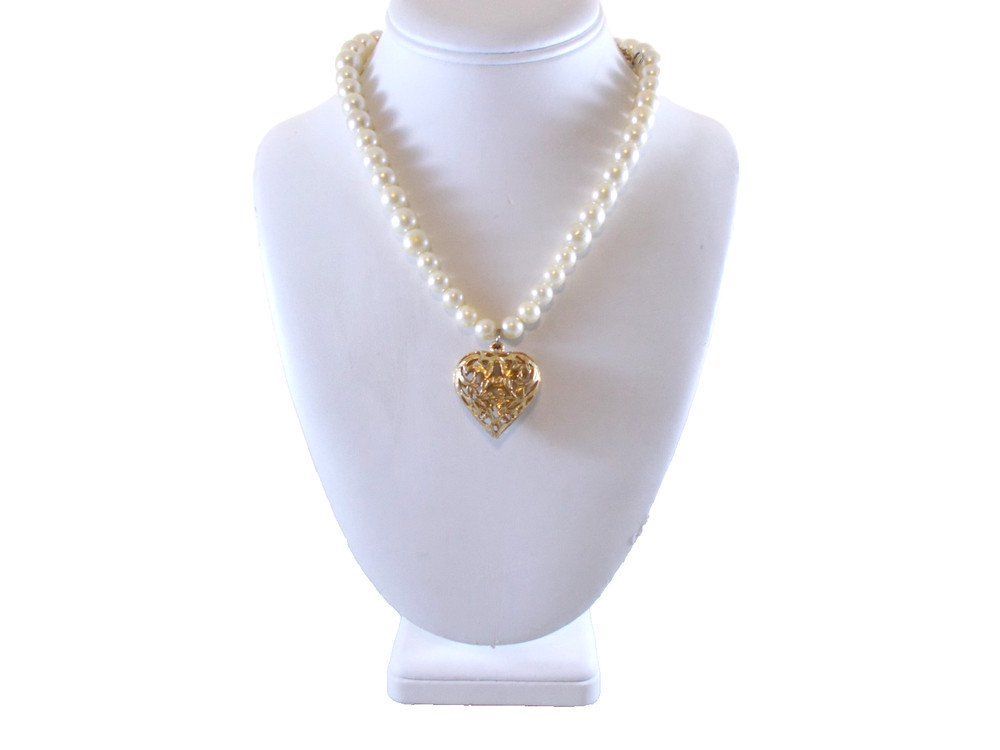 Gold tone Openwork Puffy Heart Pendant Faux Pearl Bead Necklace Free Shipping