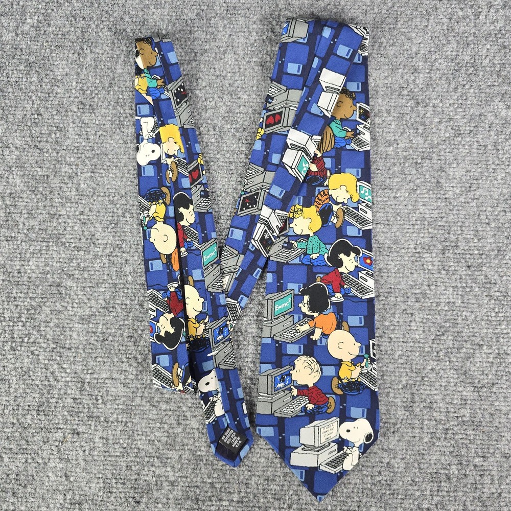 Vintage Peanuts Surfing The Net Silk Tie Snoopy Charlie Brown USA 90s