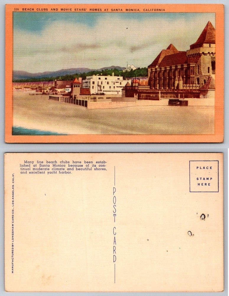 Santa Monica CA Beach Clubs & Movie Stars Homes Vintage Postcard