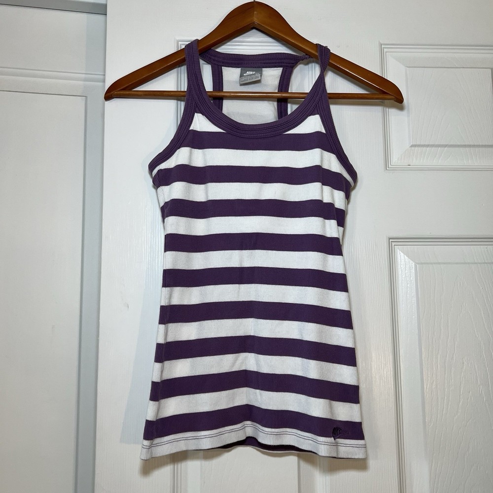 Nike Y2K Racerback Tank Top Purple White Striped Built in Bra Gray Tag Womens M