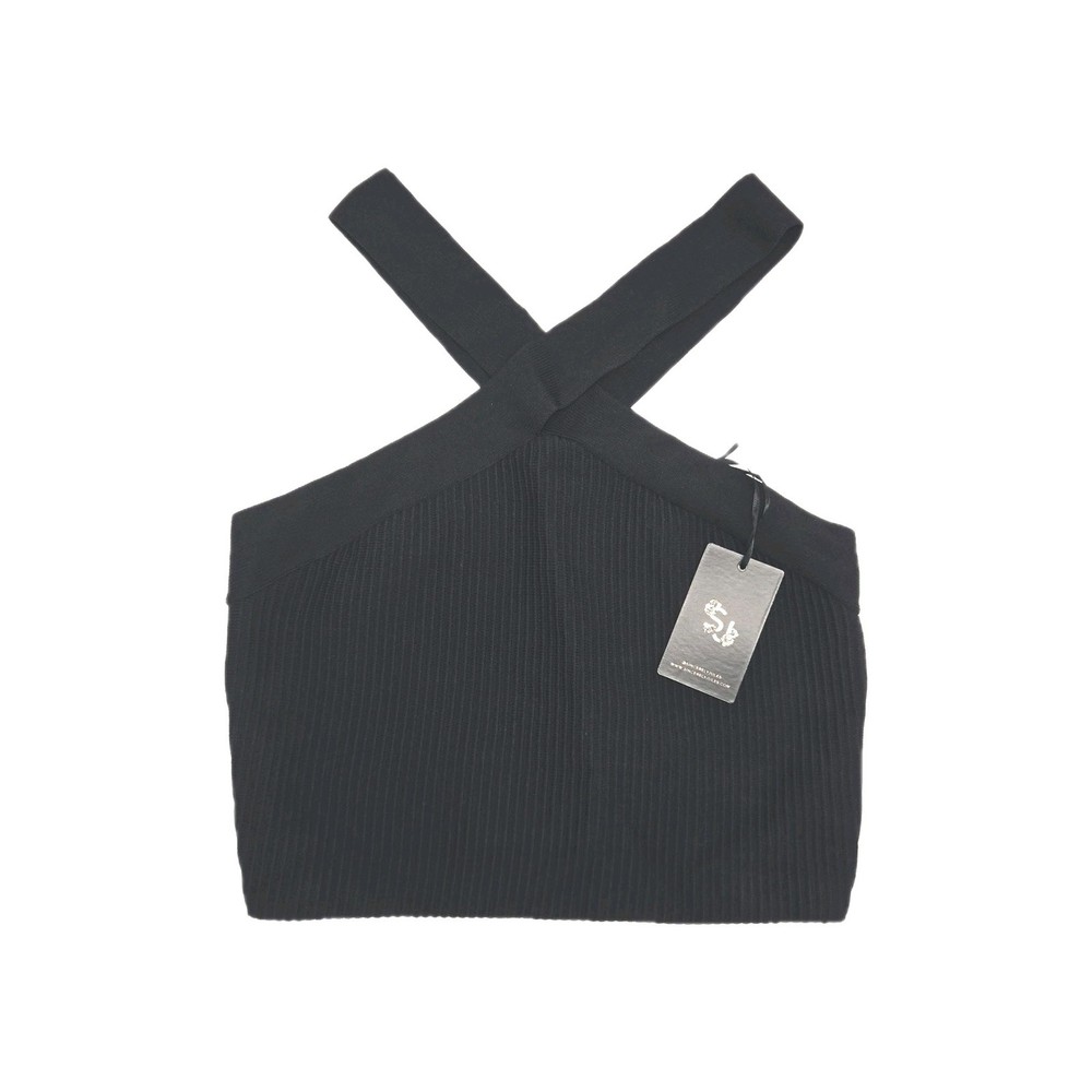 NWT Sincerely Jules Black Ribbed Knit Criss Cross Halter Crop Top Size L