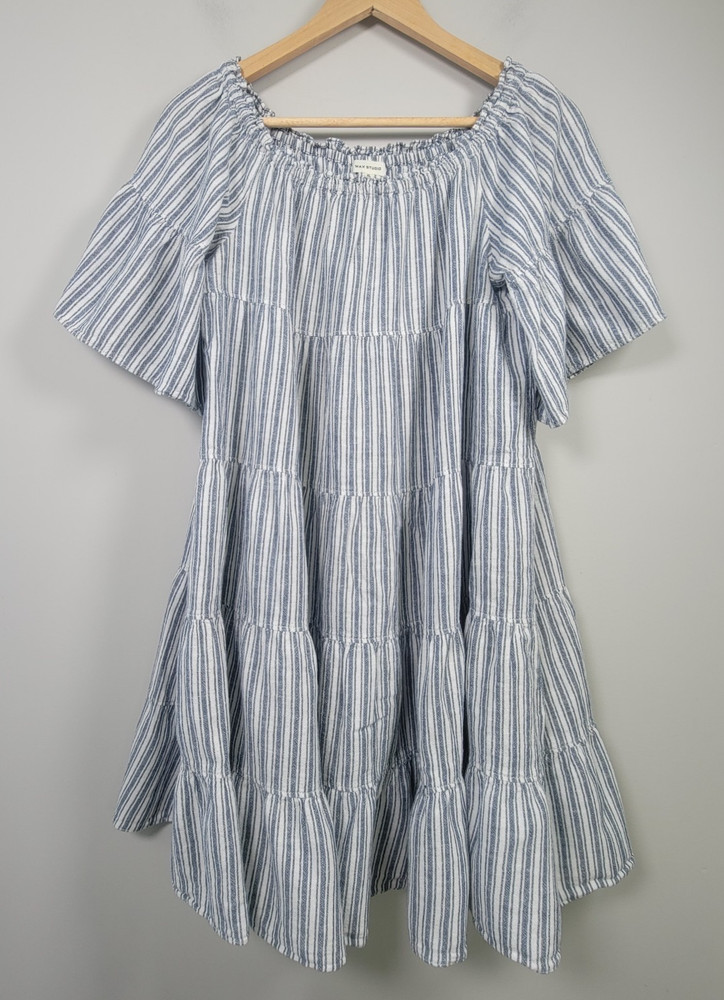 Max Studio Babydoll Dress XL Striped Linen Blend Flutter Sleeve Tiered Blue