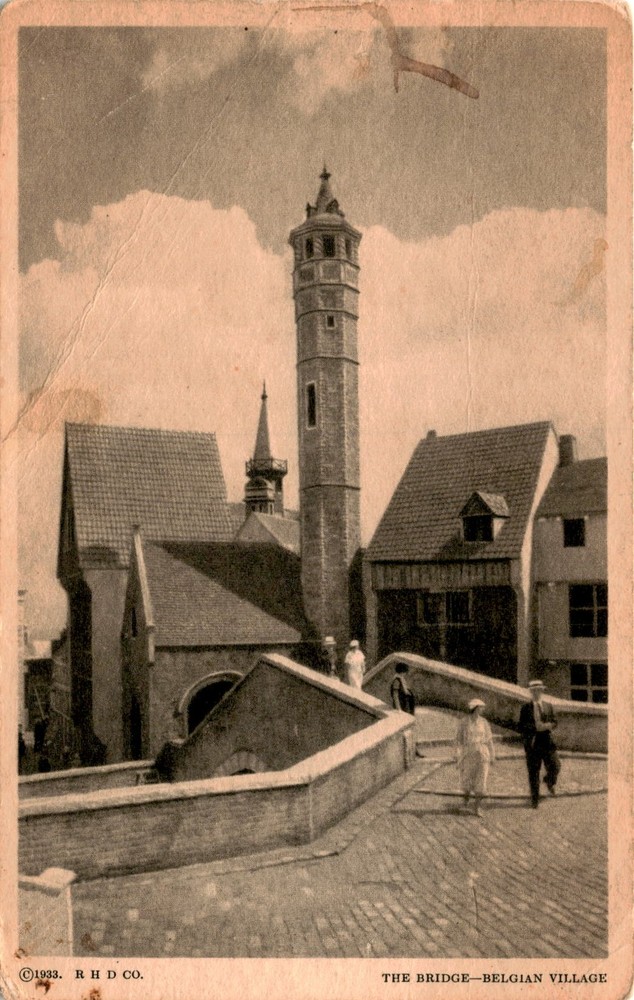 1933, R H D CO, The Bridge, Belgian Village, Century of Progress, Postcard