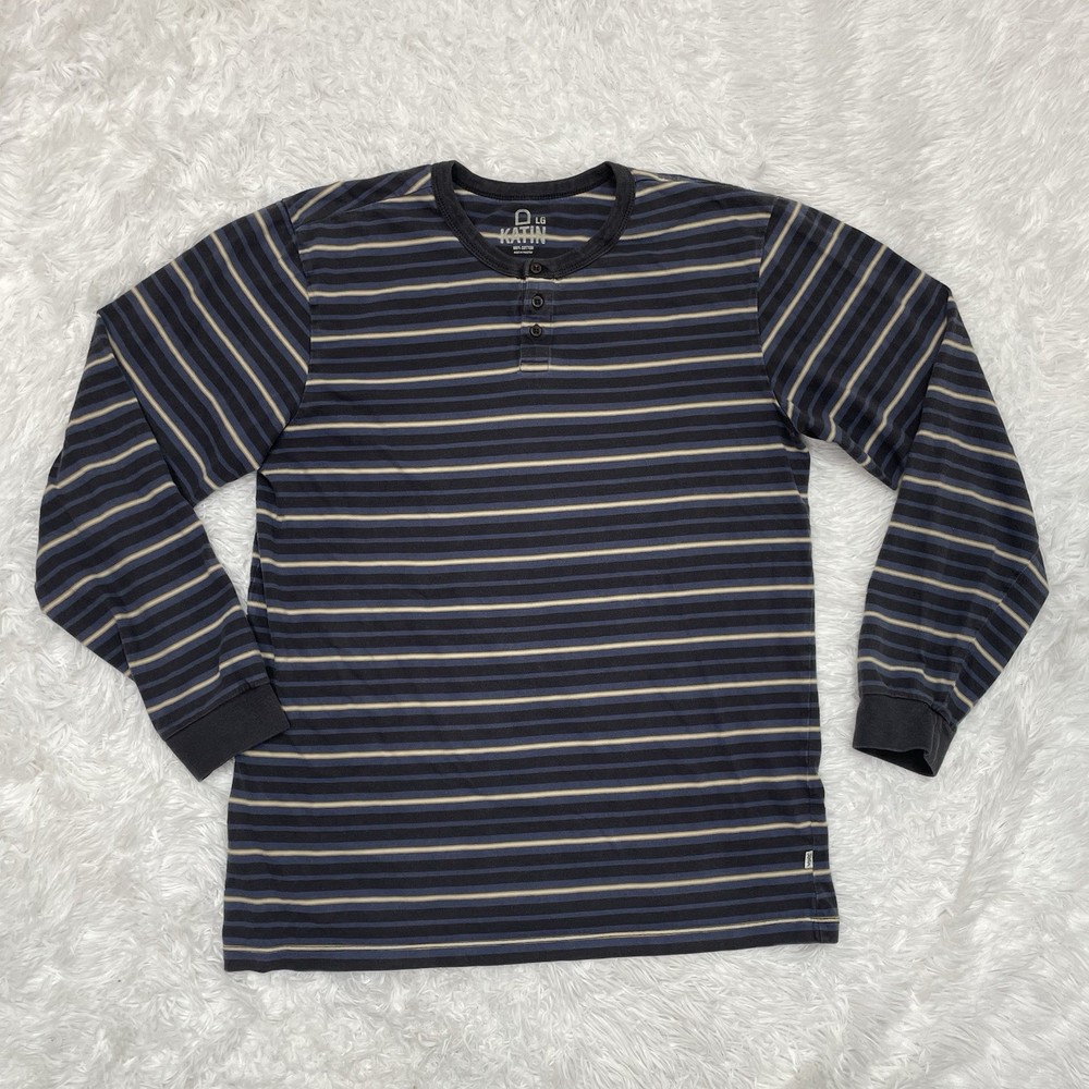 Katin Mens Size L Large Striped Henley Shirt Long Sleeve Cotton Blue Preppy