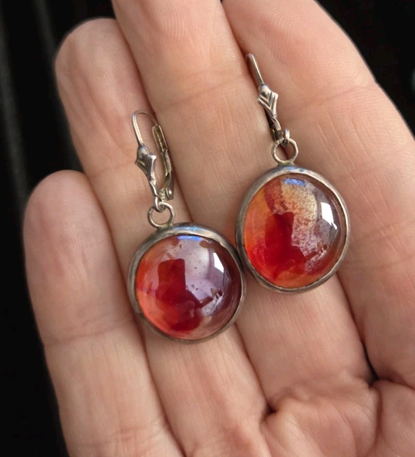 Vintage Sterling Silver Earrings, .925 dangle  Glass Orange