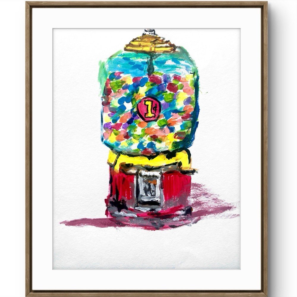 TITA PAINTZ Vintage Bubble Gum Machine Handmade Watercolor 9x12 Paper Wall Art