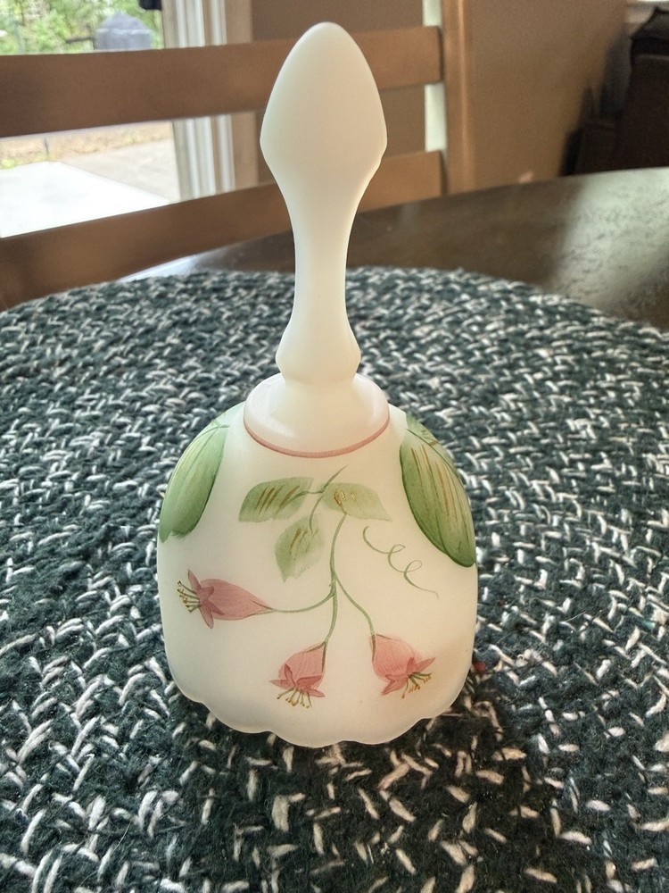 Fenton Satin Glass Hand Painted Pink Floral Bell Signed Artist USA 7.5”