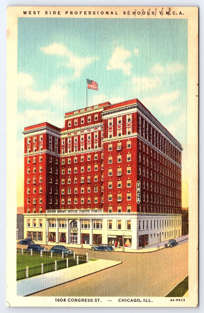 Chicago Illinois West Side Professional Schools YMCA Cars Vintage Linen Postcard