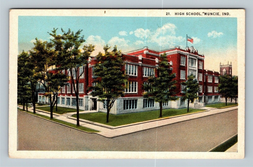 Muncie IN-Indiana, High School Building Street View Vintage Souvenir Postcard