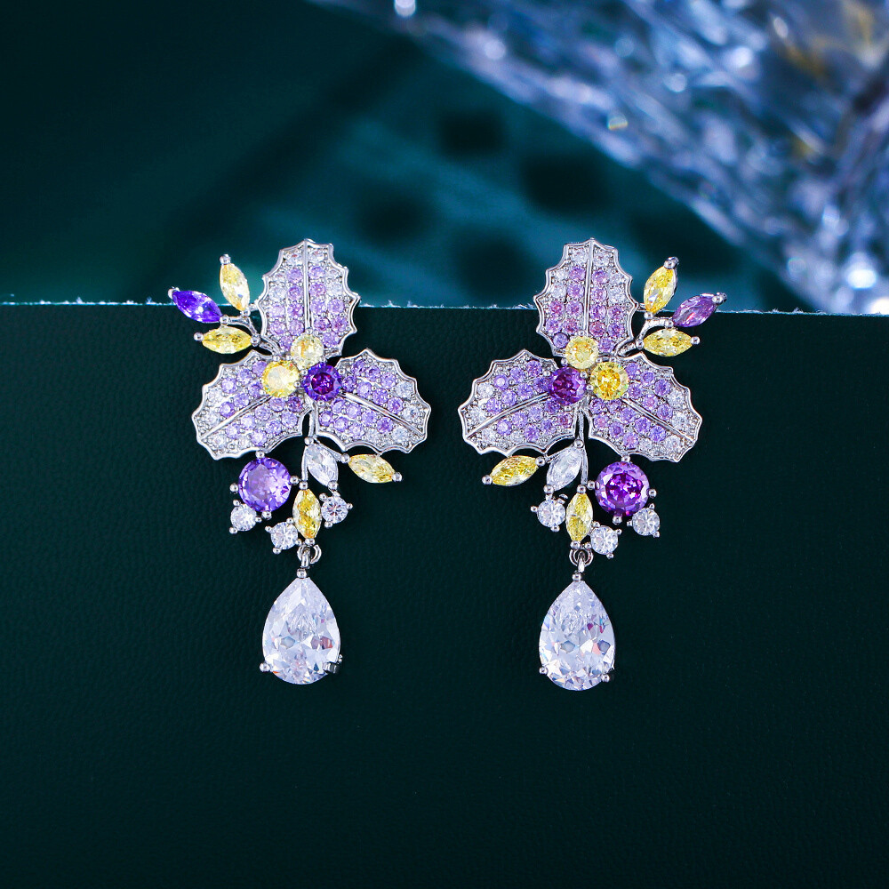 Purple Cubic Zirconia Leaf Flower Drop Dangle Earrings Silver Plated CZ Jewelry