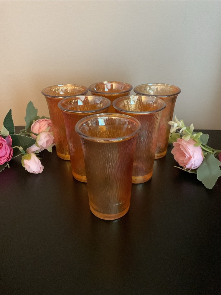 Set of  6 Vintage Jeanette Iridescent Tree Bark Marigold Carnival Glass Tumbler