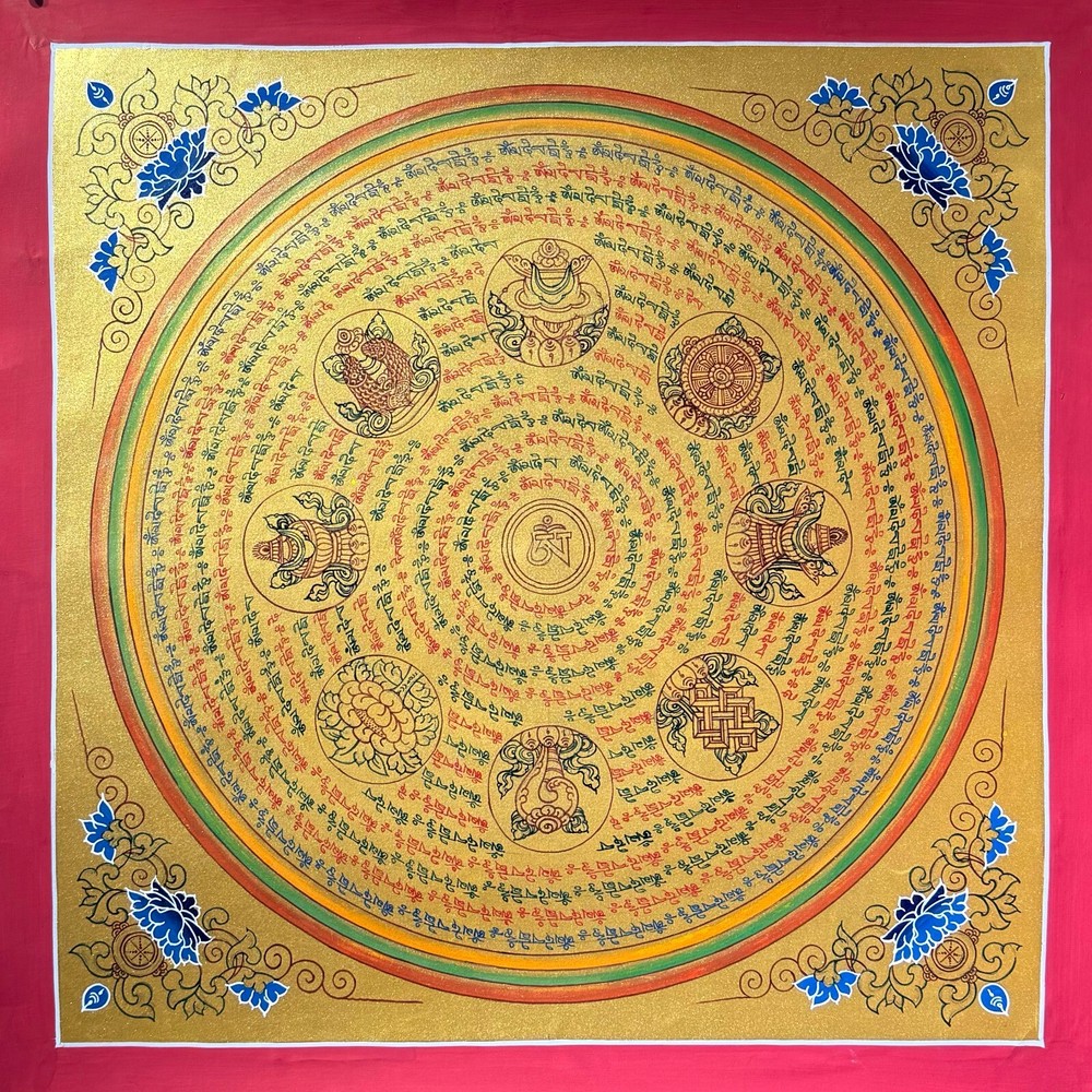 Full Gold Auspicious Mantra Mandala Thangka Painting on Cotton Canvas