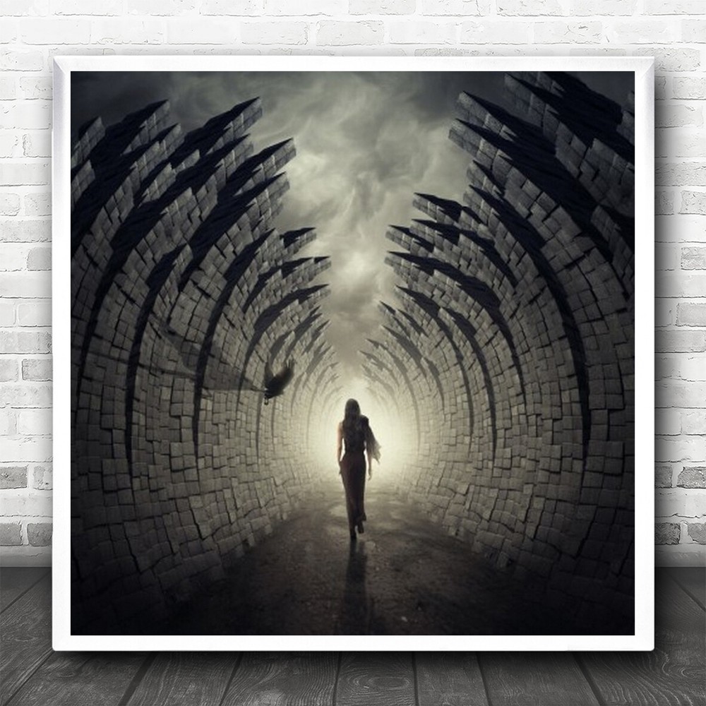 Tunnel Surreal Bird Woman Sky Imagination Fantasy Person Walk Square Print