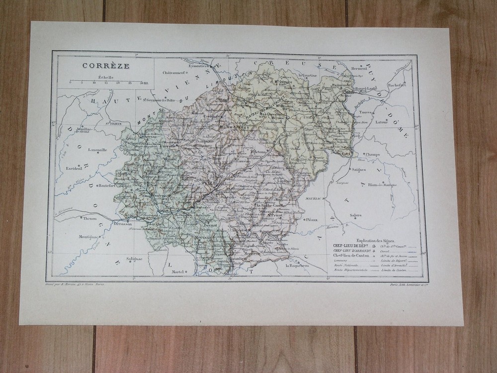 1887 Original Antique Map Of Department Of Correze Tulle / France