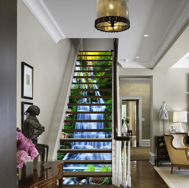 3D Forest Waterfall Stair Riser Decorative Vinyl Wallpaper Mural AZ344