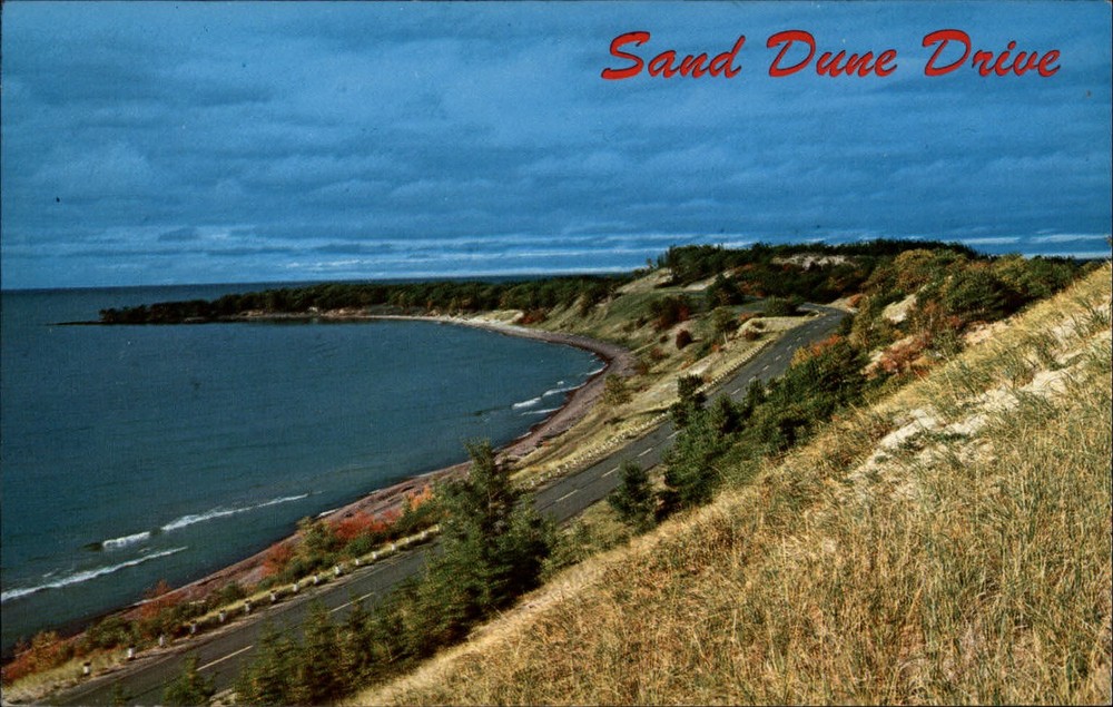 Eagle River? Michigan Sand Dune Drive aerial scene unused vintage postcard