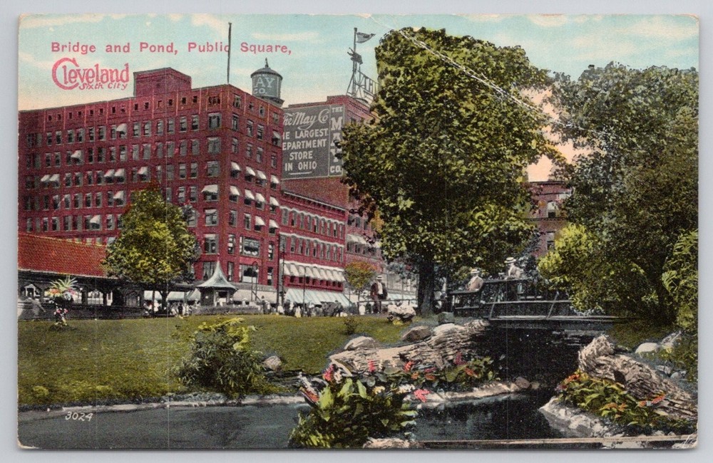 Cleveland OH Public Square Bridge Pond The May Co. Dept Store Postcard c1910s