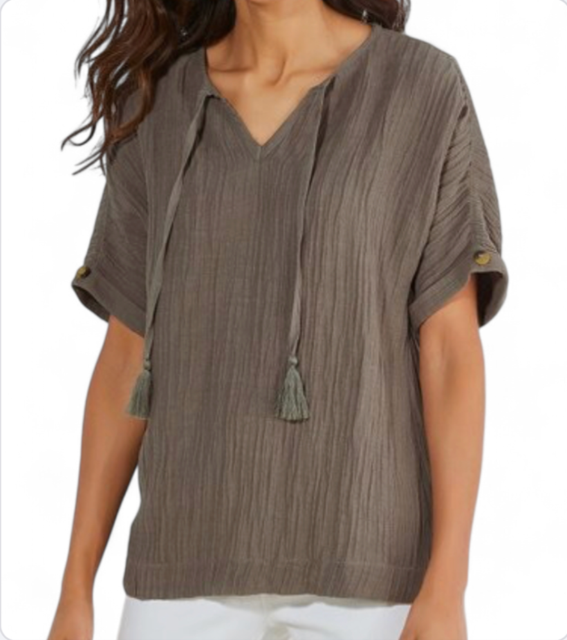 SOFT SURROUNDINGS Lyra Peasant Style Shirt Top BROWN CRINKLE KNIT Tassel Ties 2X