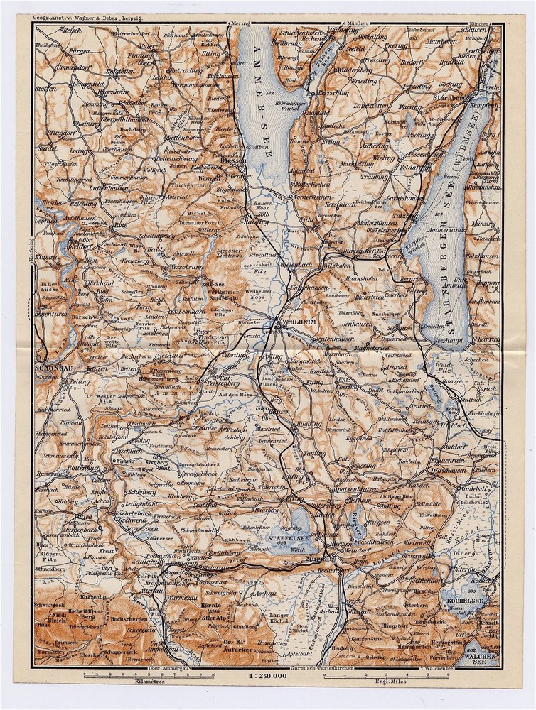 1910 Antique Map Of Ammersee Starnberger See Weilheim Bavaria Germany