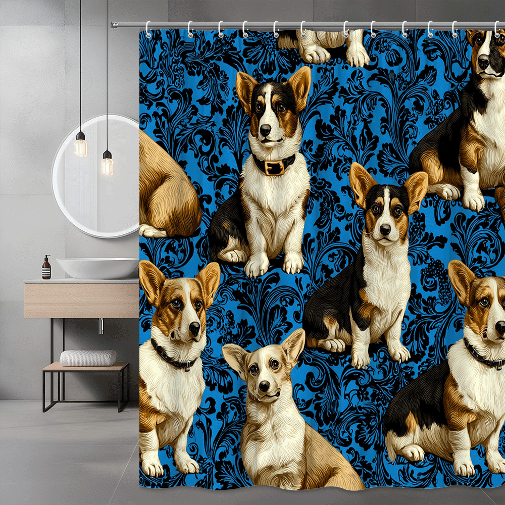 Corgi Dog Shower Curtain Blue Damask Print