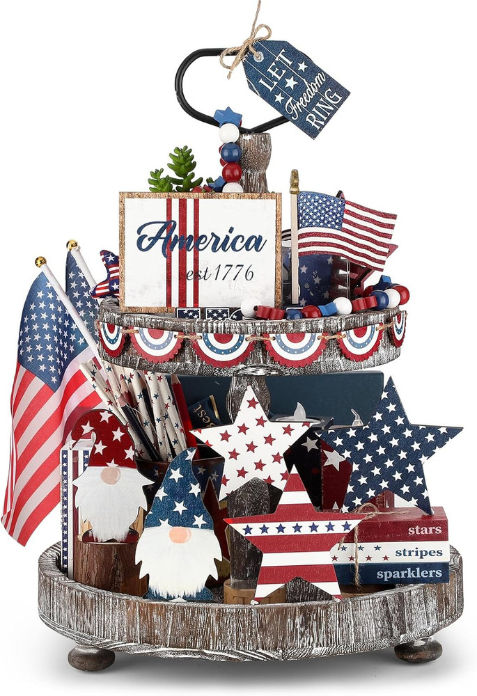 18 Pcs 4Th of July Tiered Tray Decor Set Rustic Patriotic Independence Day Decor