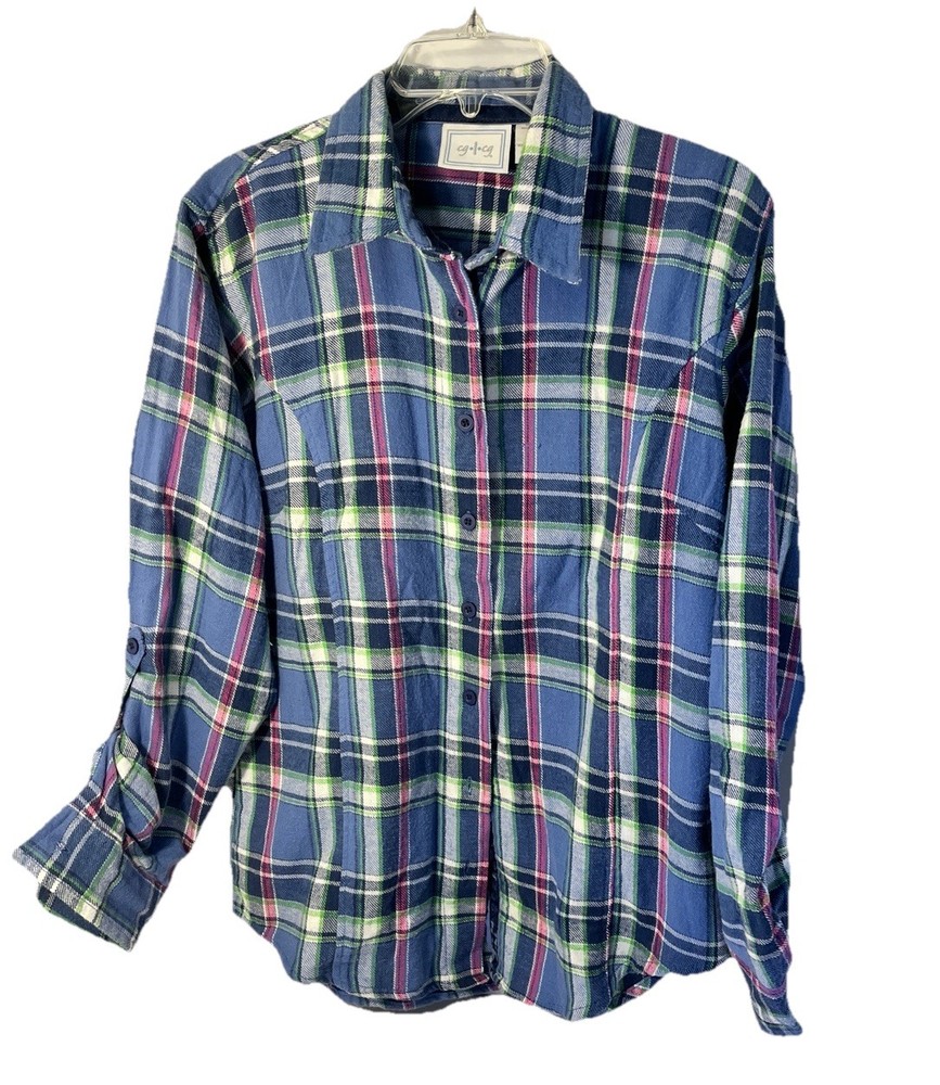 CG|CG Plaid Flannel Shirt Blue/Pink/White/Lime Women's Sz XL Button Up Roll Tab