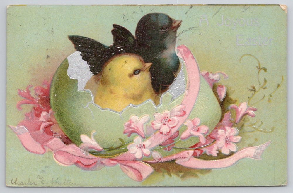 1908 Easter Chicks Hatching Egg Embossed Postcard Charles E. Hatten Conn.