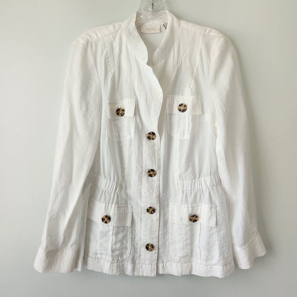 Chicos Military Style Top Women 0 White Rayon Blend Sheer Button Up Coastal Chic