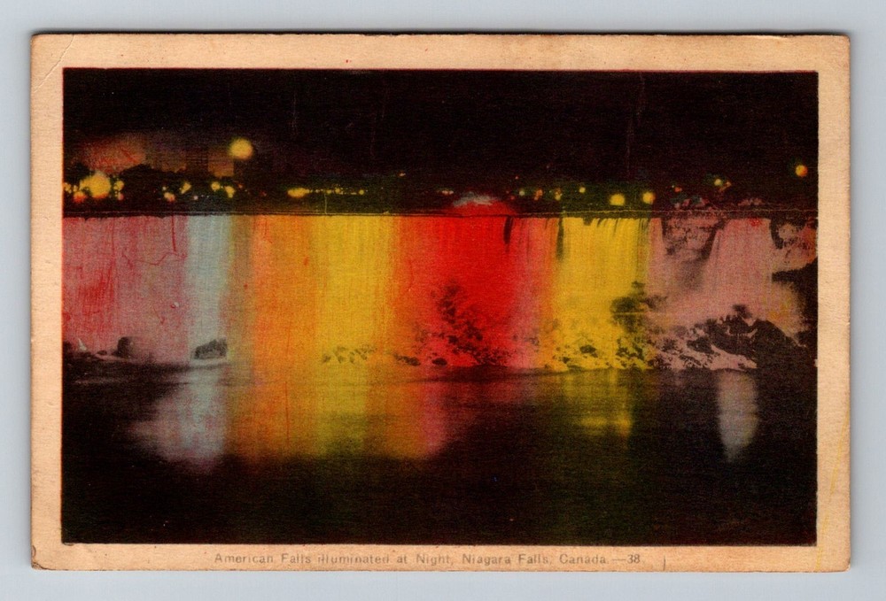 Canada- Niagara Falls American Falls Illuminated At Night Vintage c1941 Postcard