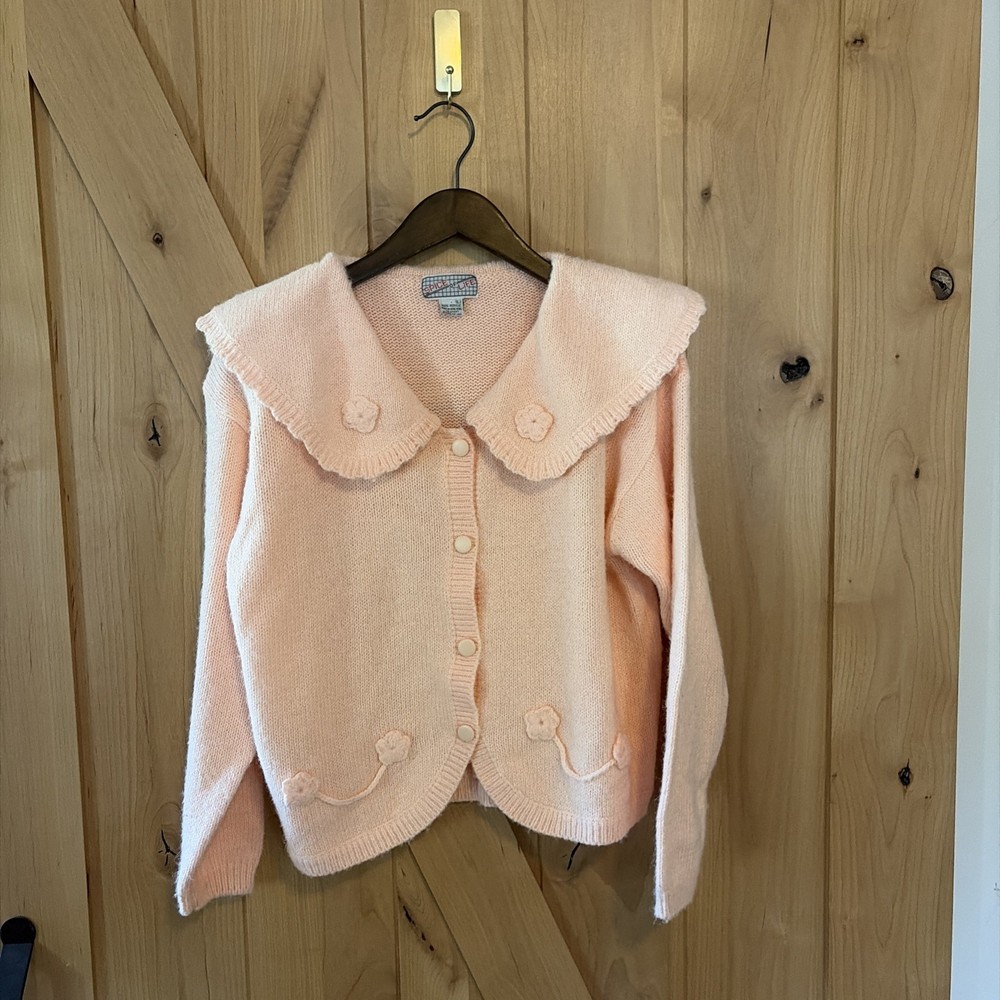 Vintage Embroidered Sailor Collar Pink Cardigan Sweater Floral Kawaii Fairy L