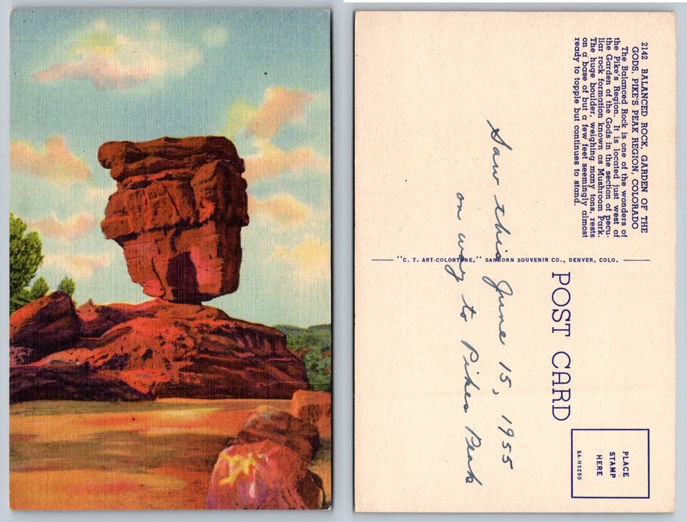 1955 Balanced Rock Garden of Gods Pikes Peak Colorado Linen Postcard