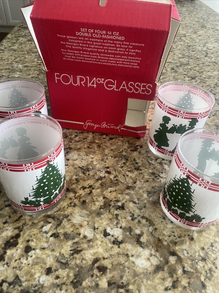 Christmas Vintage Georges Briard Tree Silhouette Old Fashioned Glasses Set 4 NEW