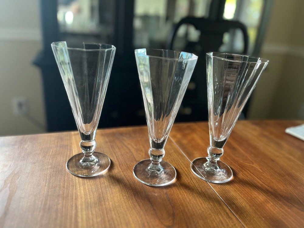 MCM Tall footed champagne pilsner glasses, faceted or paneled bowl, Set of 3