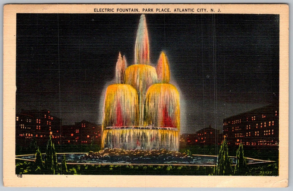 Vtg Linen Postcard Electric Fountain Park Atlantic City, NJ 1930s