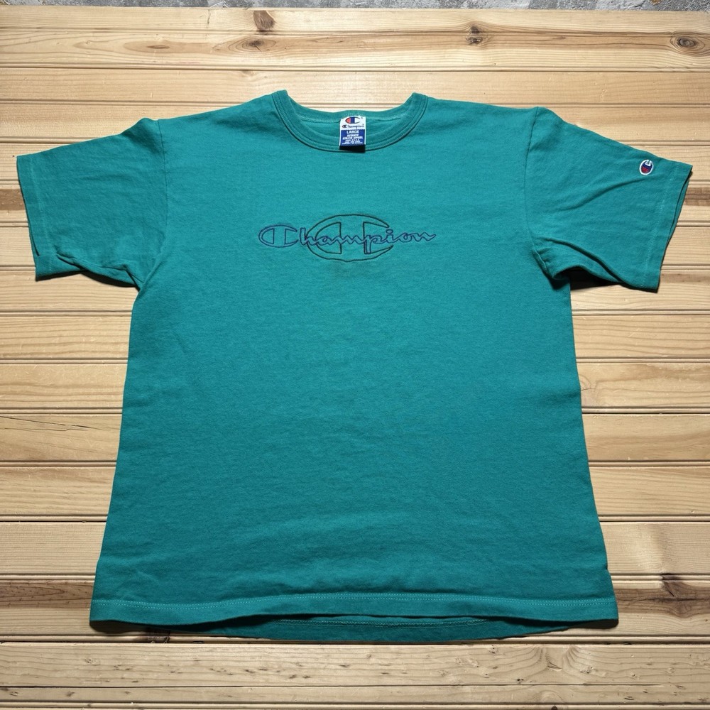 Vintage 90s Champion Embroidered Center Script Logo Shirt Size Large - Teal